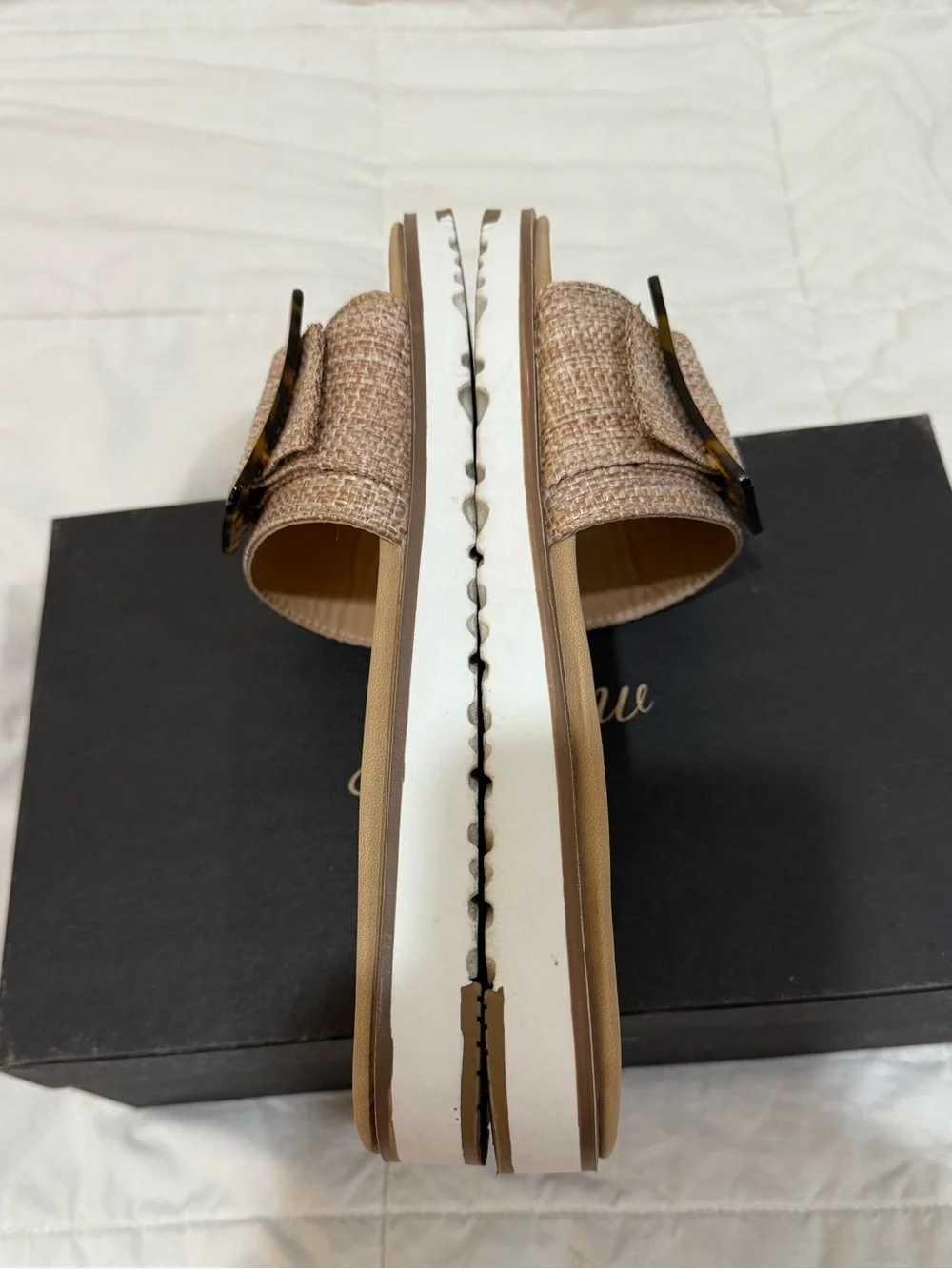Nicole Miller Tan Woven Slide Sandals with Tortoiseshell Buckle